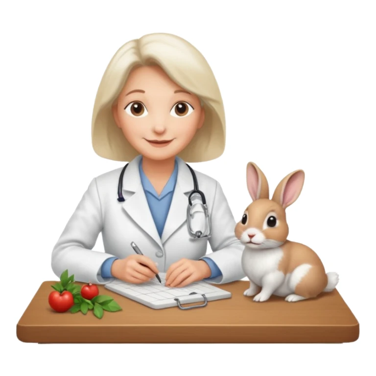 Older female vet – gentle smile, coat, checking rabbit on table. sticker