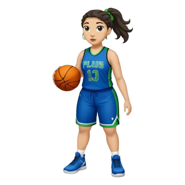 full body plus size light skin  latino women basketball player with wavy dark hair in pony tail wide nose wearing blue uniform with green accent sticker