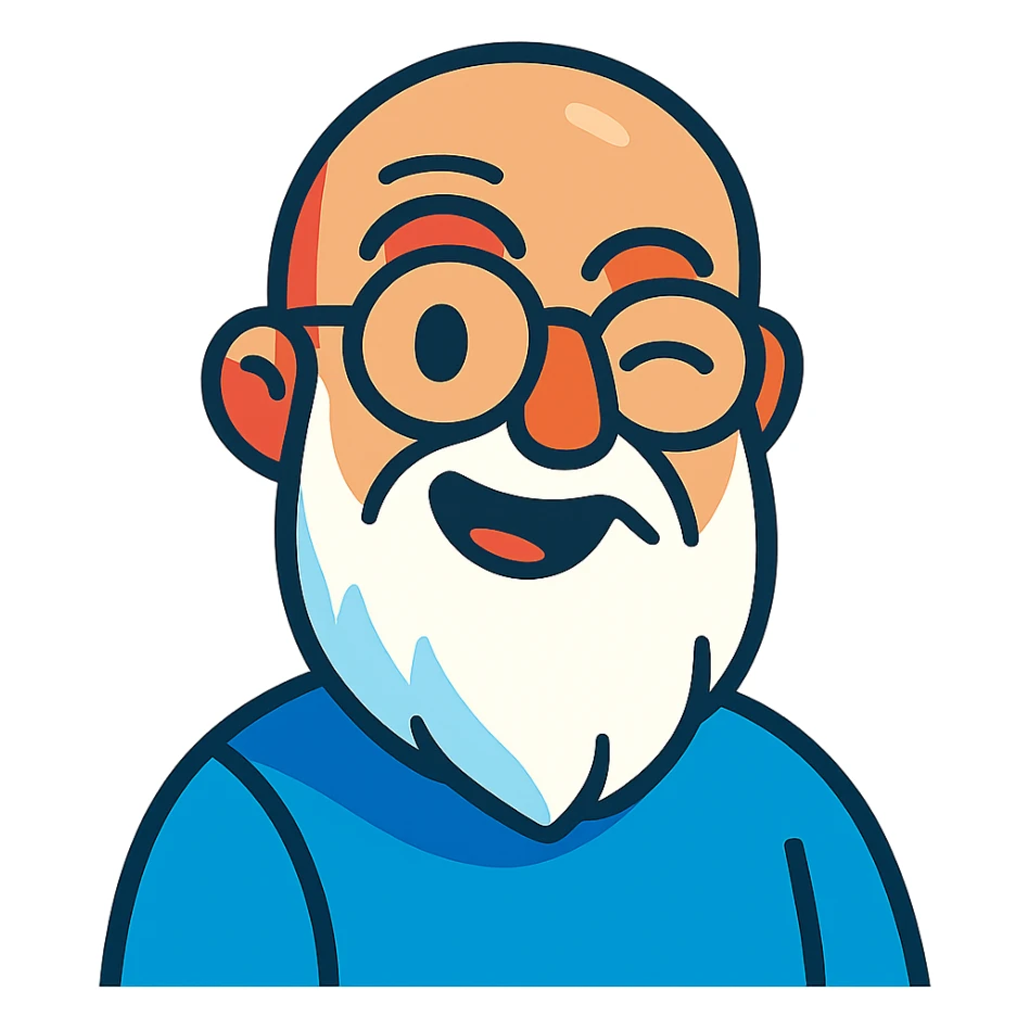 vibrant toon style of a bald man with glasses, long white beard, winking sticker