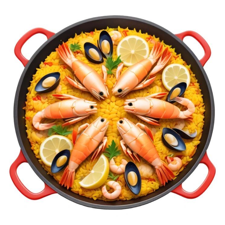 cinematic-realistic-paella-dish-emoji,-depicted-as-a-vibrant,-aromatic-rice-dish-loaded-with-seafood,-chicken,-and-saffron-rendered-with-rich-textures-and-dynamic,-warm-lighting with a lemon slice in the middle sticker