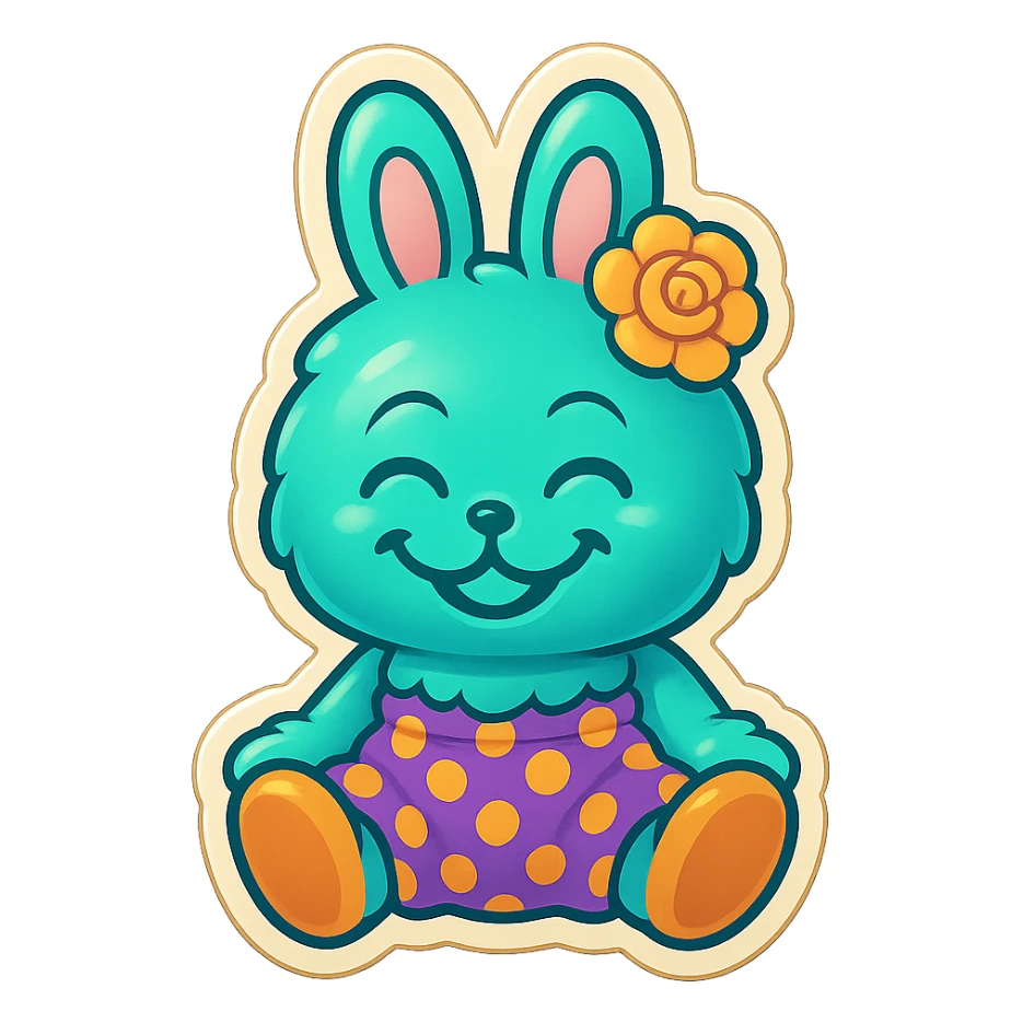 Change the teal bunny character's face to a happy, wide smile with closed eyes, keeping the retro stickers style. sticker