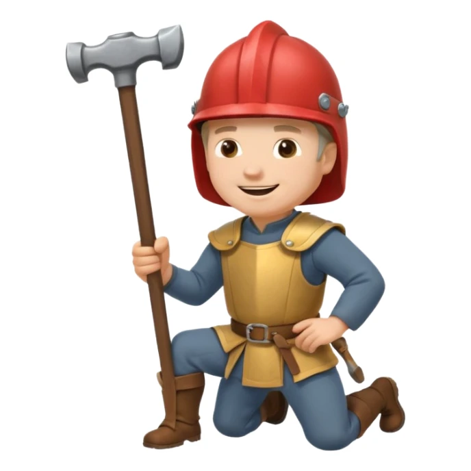 a happy medieval white man with a helmet kneeling and knocking with a hammer sticker