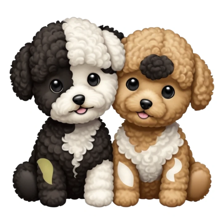 Two small, fluffy dogs with a toy poodle / bichon-like appearance, both with round faces, black button eyes, and short snouts. Their fur is bright white, tightly curled, and freshly groomed, styled in a plush, teddy-bear cut. sticker