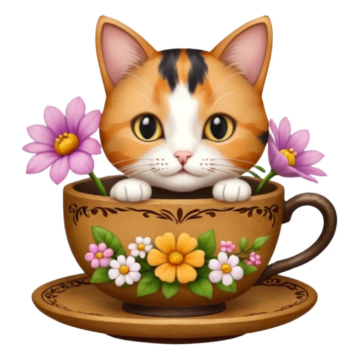 Cat in a tea cup with flowers and books sticker