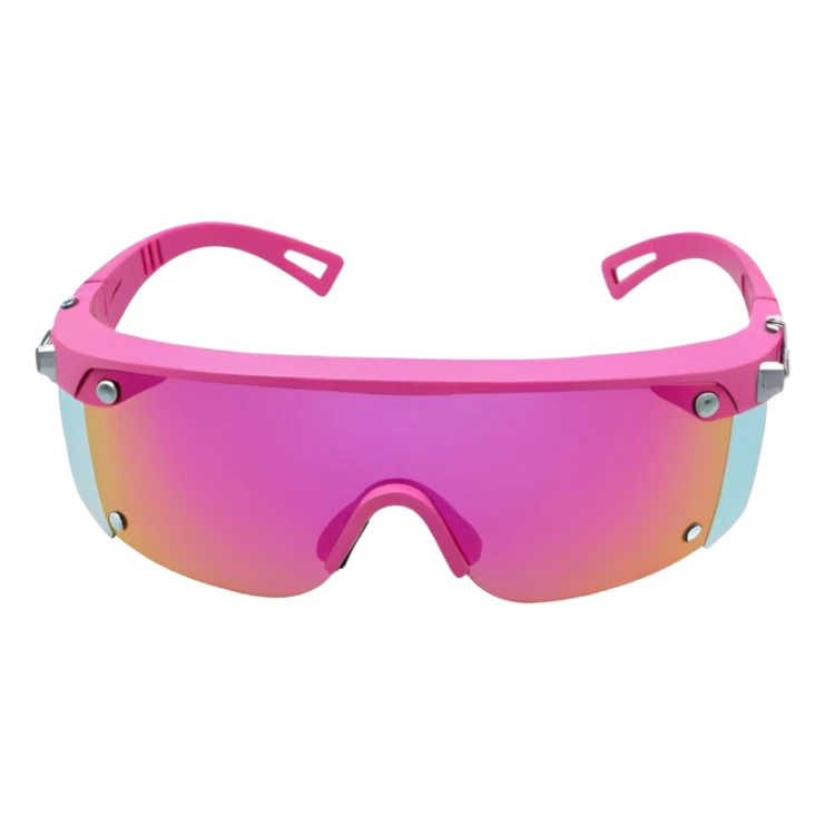 sporty pink shield visor sunglasses with ultra thick frame and decorative side screws, industrial heavy-duty look, massive build, one-piece lens sticker