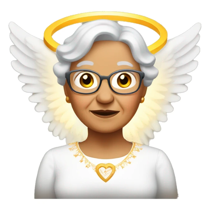 Hispanic grandma with angel wings and a halo sticker