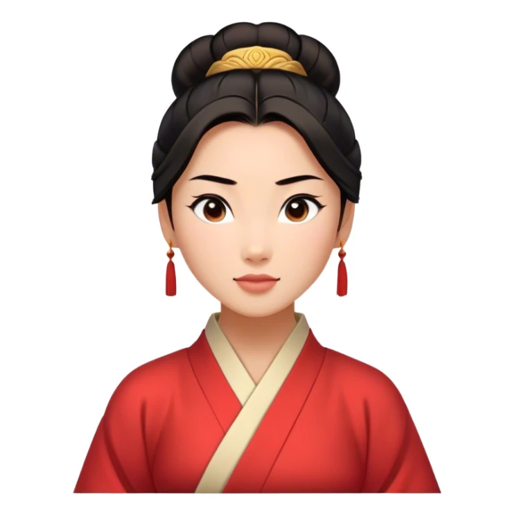 Cinematic Timeless Mulan Portrait Emoji, rendered in a clean vector style. Depict Mulan with warm, light-toned skin, neatly styled dark hair in a traditional bun, and a serene, confident expression, dressed in a simple traditional robe with minimal decoration. The image is highlighted by a soft, inviting glow and a subtle glowing outline, capturing enduring beauty and quiet strength. sticker