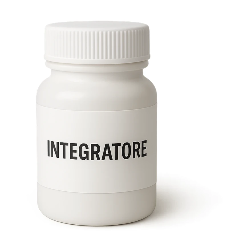 boccetta di integratore con la scritta "INTEGRATORE" SULL'ETICHETTA sticker