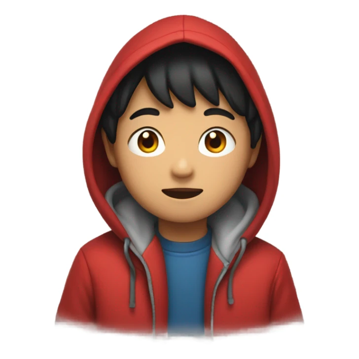 Asian Boy wearing red gloves on hands and a hoodie sticker