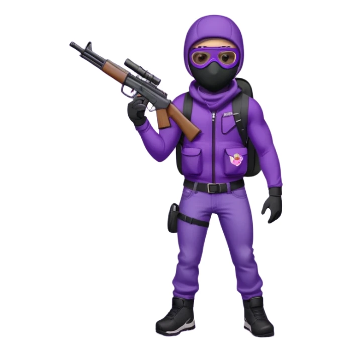 YN wearing a ski mask, holding a gun, purple jeans, Sprayground bookbag, confident stance sticker