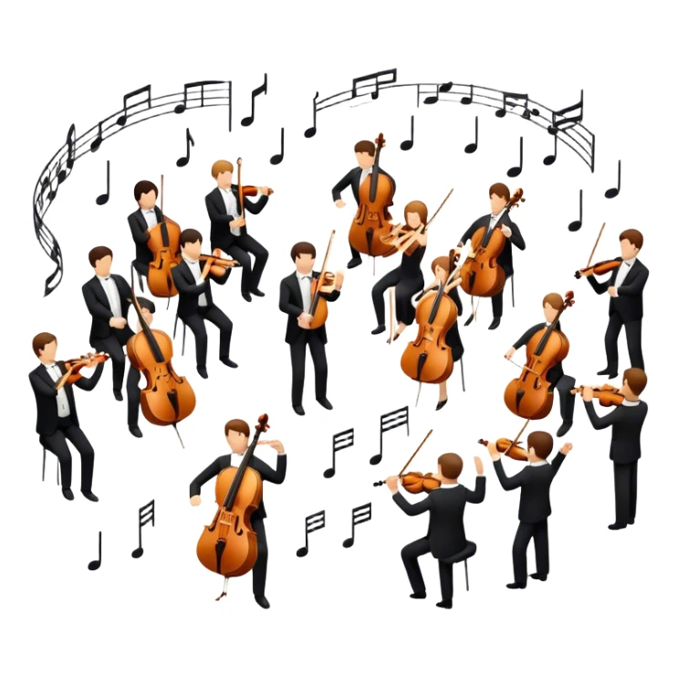 Icon for Classical Music: symphonic orchestra with musicians playing violins, cellos, and flutes, led by a conductor with a baton. Musical notes float around, capturing the elegance and harmony of classical music. Transparent background. sticker