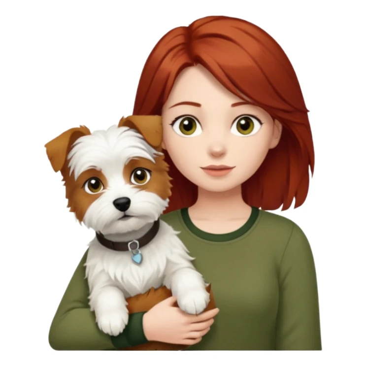 Westhighland white terrier dog being held by woman with dark shoulder length red hair and hazel eye wearing olive green top sticker