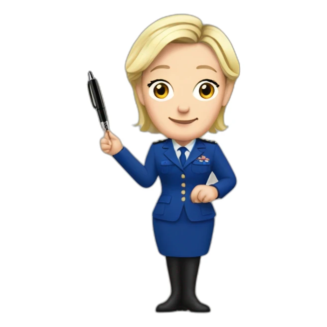 Marine Le Pen with a pen in her right hand and an iPhone 15 in her left hand  sticker