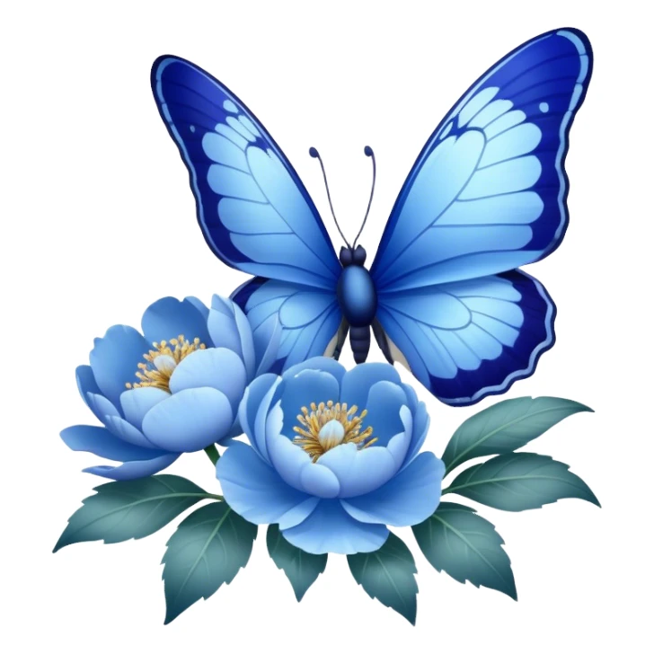 A delicate butterfly with cobalt blue and powder blue wings, its edges dusted with shimmering silver, gently perched on a cluster of blooming pastel blue peonies and deep navy pansies, their petals unfolding in the soft sunlight. sticker