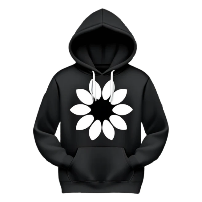 The BLACK Hoodie features a black base with distinctive white and black  open flower spots with empty space in the middle, These hollow ring-like patterns are scattered across. BLACK AND WHITE FLOWERS SPACED OUT FLOWERS, AND ONLY A FEW FLOWERS AND NO DOTS, NO VINES, NO LEAVES sticker