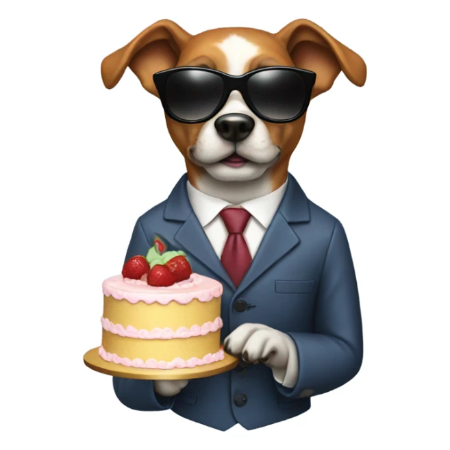 A dog holding a cake with a suit and sunglasses  sticker