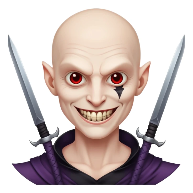 evil villain with razor blade weapons, completely hairless, sinister smile sticker