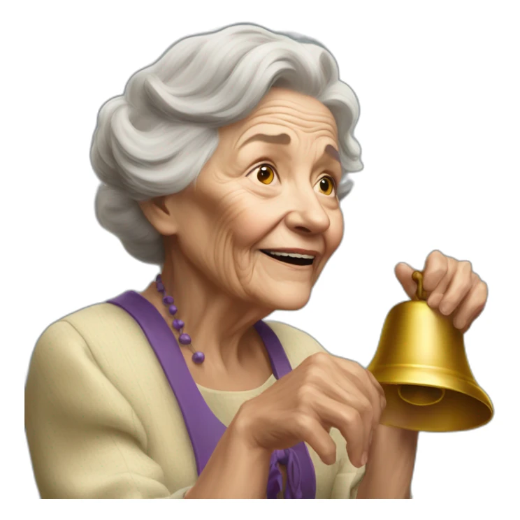 Hyperrealist Old woman touch a big bells sticker