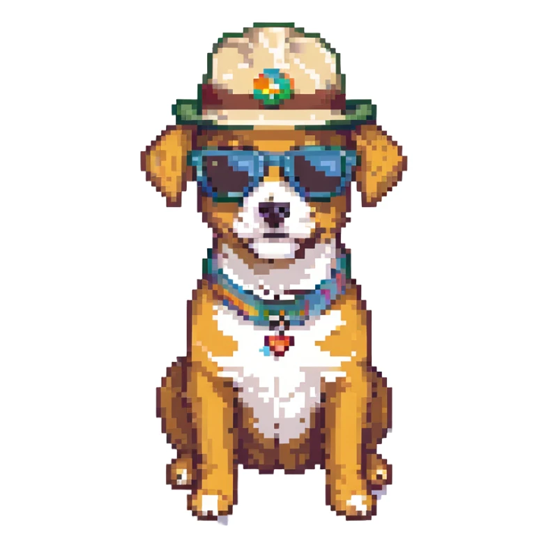 dog wearing sunglasses and a hat sticker