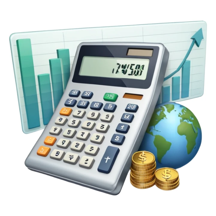 An icon featuring a calculator, a dollar sign, and a chart with upward trends, symbolizing economics. The design includes coins, bills, and a globe, representing global trade and financial systems. Transparent background highlights the study of markets, supply, and demand. sticker