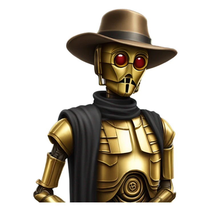 Old dirty west Bounty hunter C3po wearing small hat relaxed pose sticker