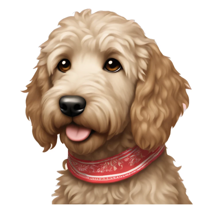 Cream colored dark brown Goldendoodle wearing a bandana sticker