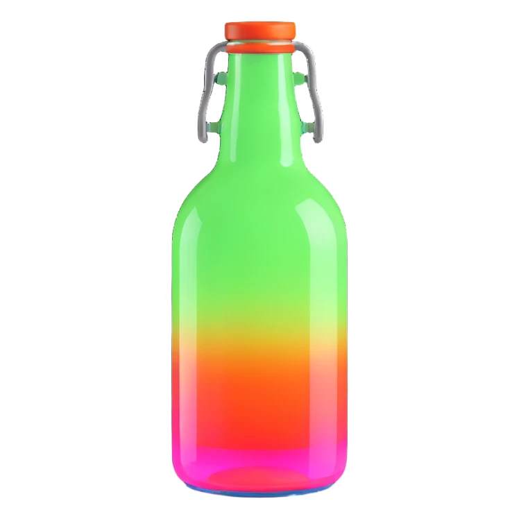 a blue motion tiled to the left, with a round glass bottle no handle, neon  sticker