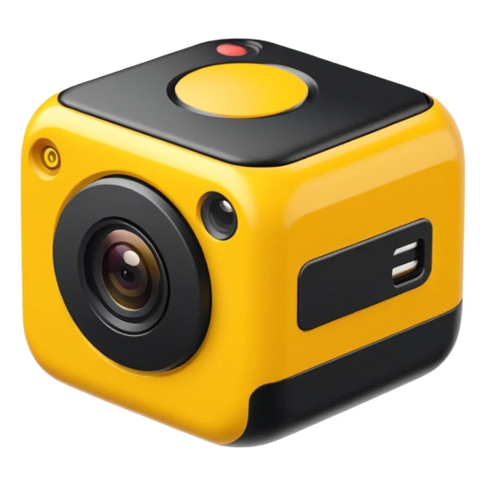 Insta360 camera emoji, isometric angle, yellow and black, compact and modern sticker