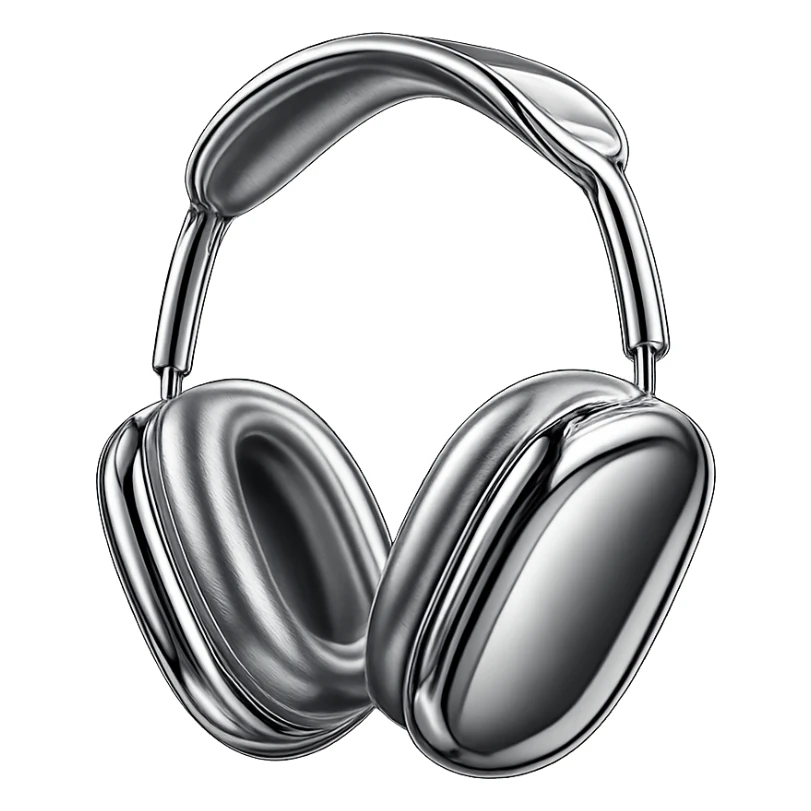 Isolate the headphones from the group and transform them into a 3D chrome metallic style, keeping all preset colors and details, highly reflective and shiny, no background. sticker