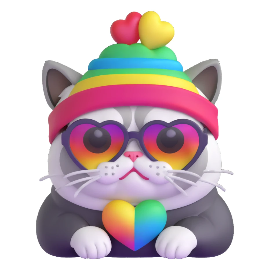 grumpy cat wearing a rainbow beanie and heart-shaped sunglasses sticker