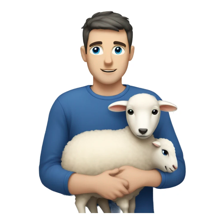 white man with blue eyes and dark short hair hugging sheep  sticker