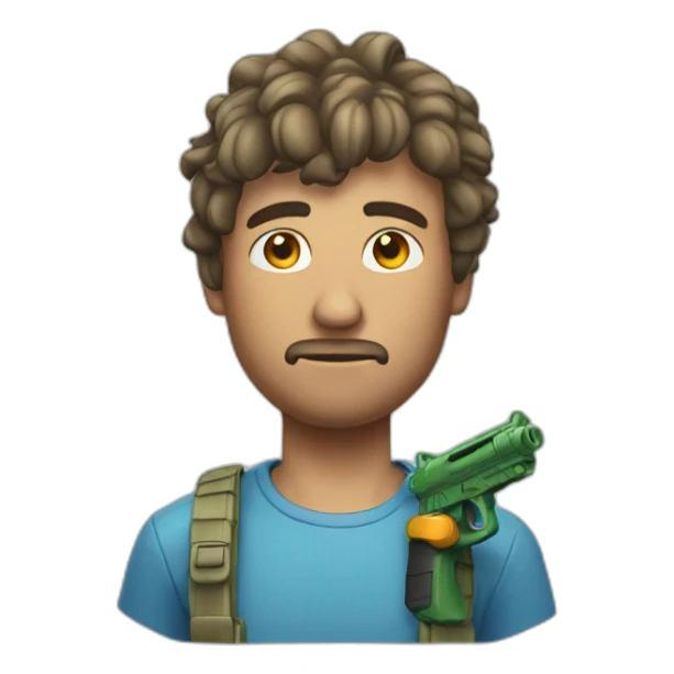 Man with water pistol attached to the side of his head sticker