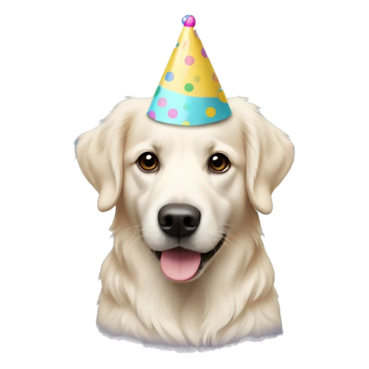 White golden retriever wearing polka dot party hat sticker