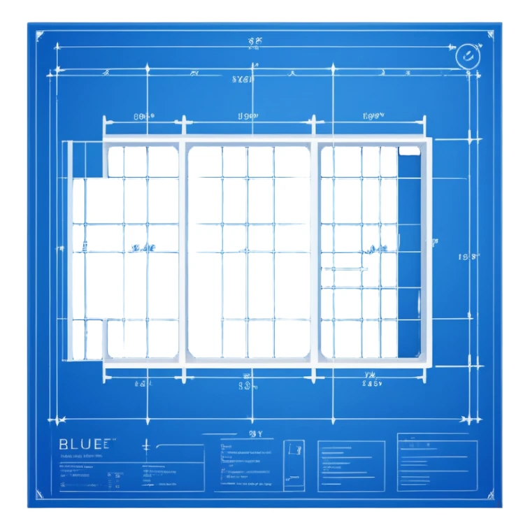 blue blueprint plan with white lines, perspective view showing both side and top sticker