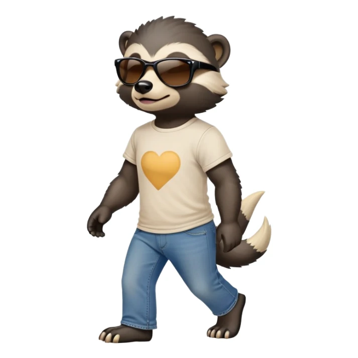friendly anthropomorphised honey badger in jeans and a t-shirt, wearing sunglasses, walking upright, relaxed pose sticker