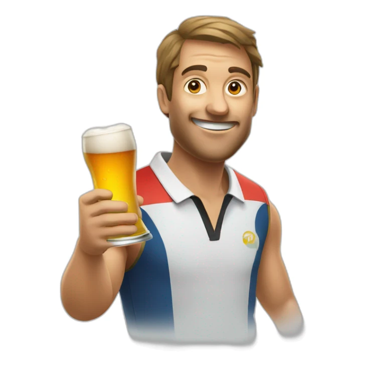 man holding table tennis paddle and a beer sticker