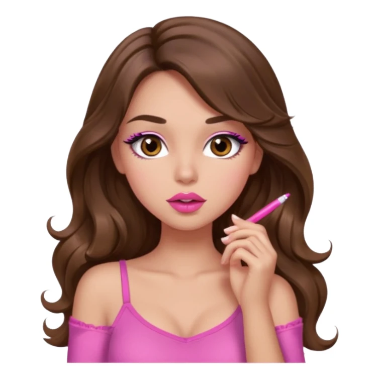 girl with long wavy brown hair, brown eyes, light to medium complexion, in a pink sexy top, pink lips, long lashes, shhhh sticker