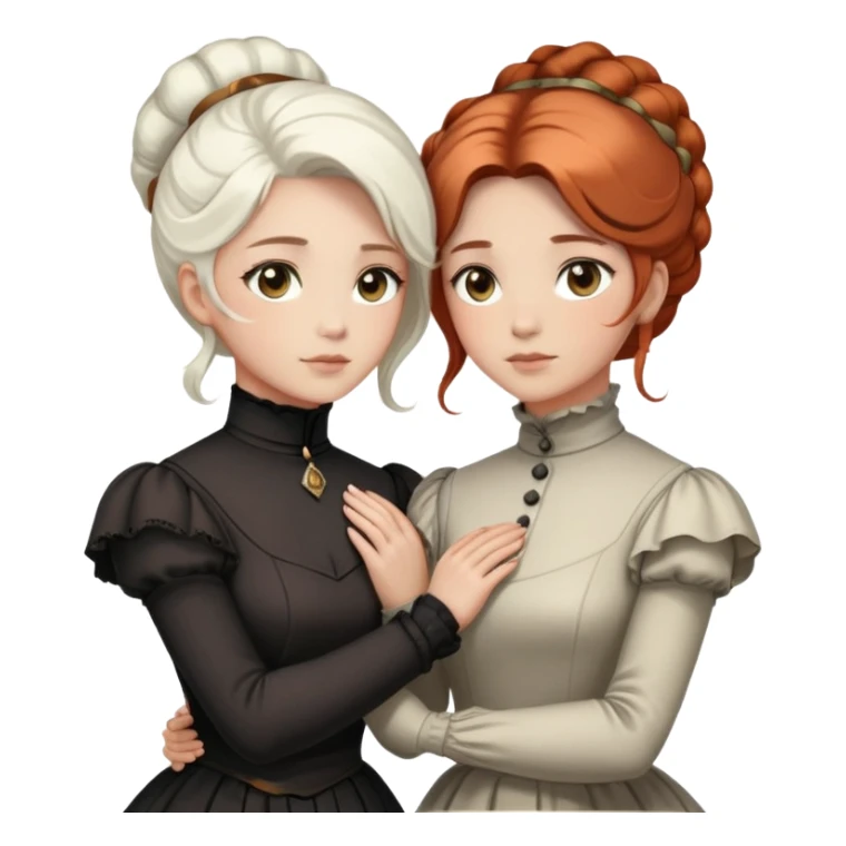 Two Victorian women with light eyes standing close together, one with bright pure white coiffed hair and one with dark copper coiffed hair, both wearing Victorian turtleneck dresses with their arms wrapped tightly around each other sticker