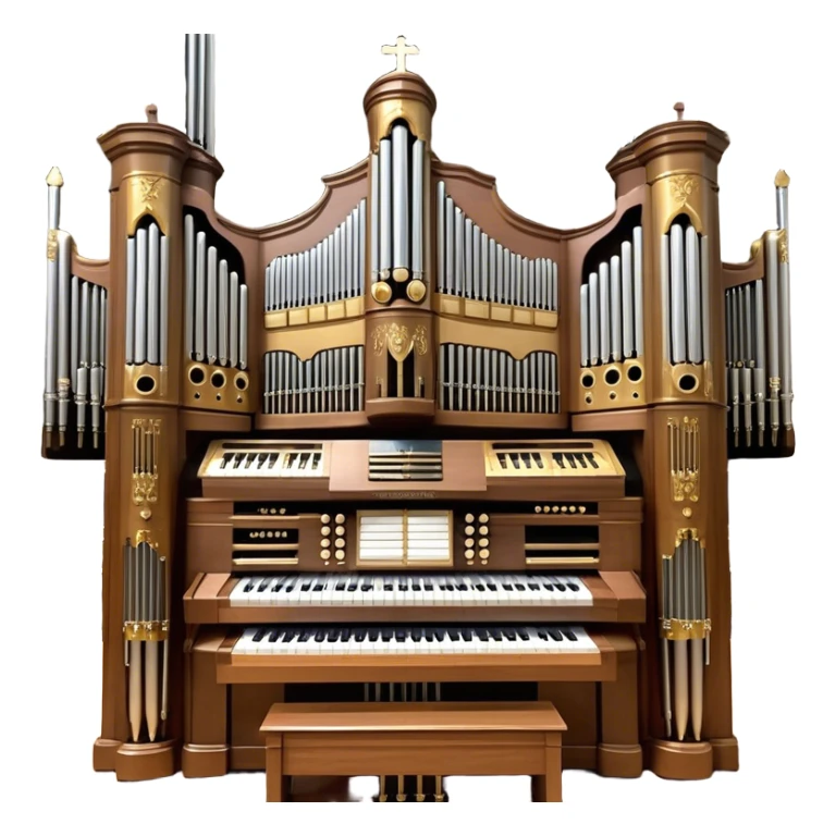 Create an elegant and majestic emoji representing a classical church organ. The emoji should feature the grand pipes of the organ in the background, with visible details of the keys and pedalboard in the foreground. The pipes should be tall and impressive, with a mixture of gold, silver, and metallic shades to emphasize the grandeur of the instrument. The keyboard and pedals should be well-defined, capturing the intricate craftsmanship of the organ. Use dark wood tones and gold accents for the body of the instrument to give it a rich, historic feel. Add subtle musical notes around the organ to evoke its deep, resonant sound. The background should be transparent. sticker