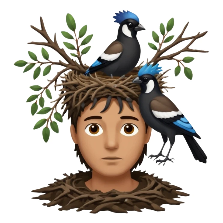 A man who has a magpie birds nest on top of his head for hair sticker