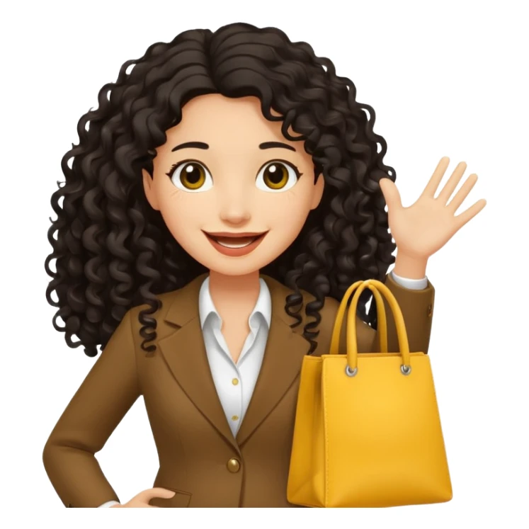 medium deep tan brown business woman with long black curly hair, waving hand with happy face with smile mouth and carrying bag on her shoulder and the other hand holding yellow tumblr sticker