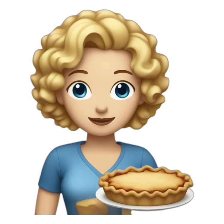 Woman with blue eyes and short curly blond hair holding an apple pie sticker