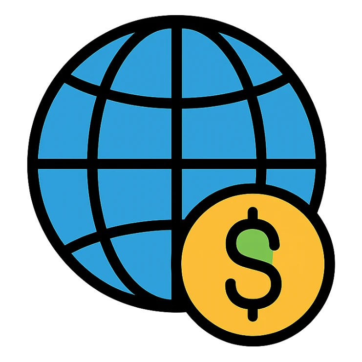a globe with a dollar sign, colorful outline icon style sticker