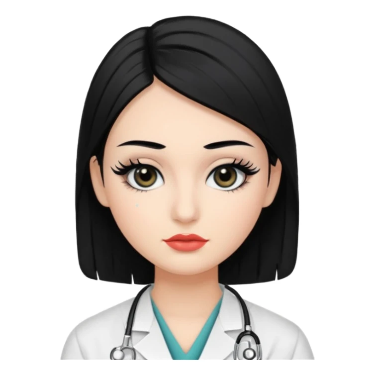 Medical student, black hair, black eyes, false eyelashes, makeup, eyeliner,  sticker