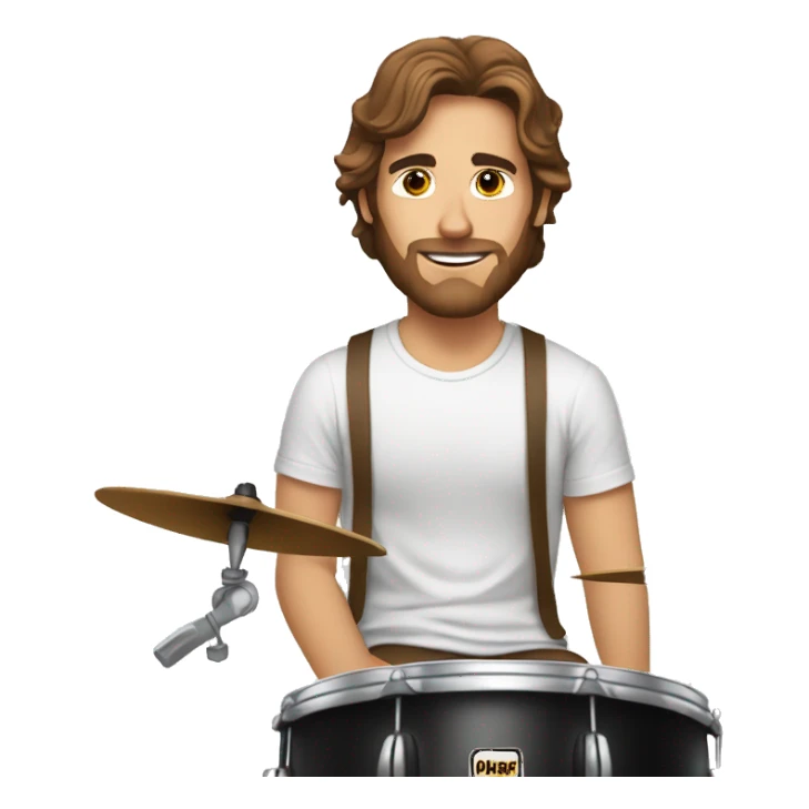 a longer brown haired man with a light beard sitting behind a drumset in a white t shirt and brown pants sticker