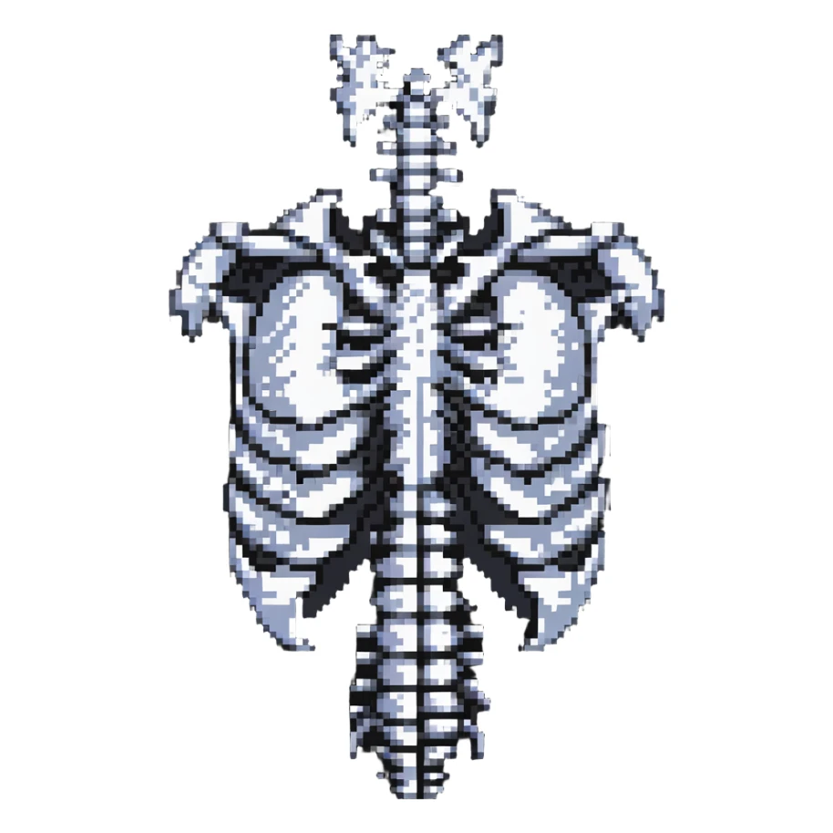 broken ribcage with cracked and separated bones, pixel art style sticker