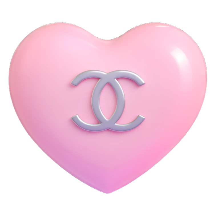 Remove the diamond accent, keep only the glossy white heart with a soft pink glow and silver Chanel logo, elegant, white and silver color scheme, 3D emoji style, keep the background transparent except for the glow. sticker