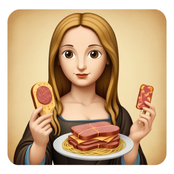 monalisa with flowing spaghetti hair holding spam meat sticker