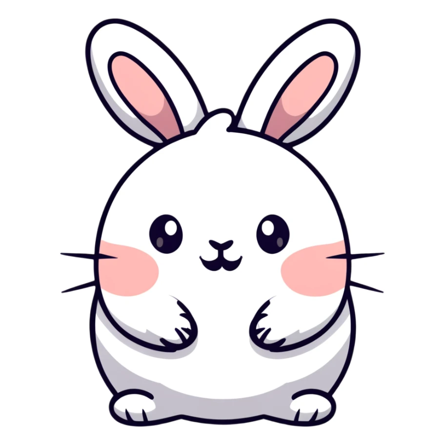 A chubby bunny in perfect Sanrio style like Hello Kitty, ultra simplified design, huge round head, tiny eyes and mouth, no nose, pastel colors, soft round shapes, tiny spikes, adorable expression, clean bold black outline, kawaii sticker