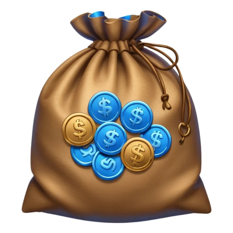 blue coins inside an opened brown money bag  sticker